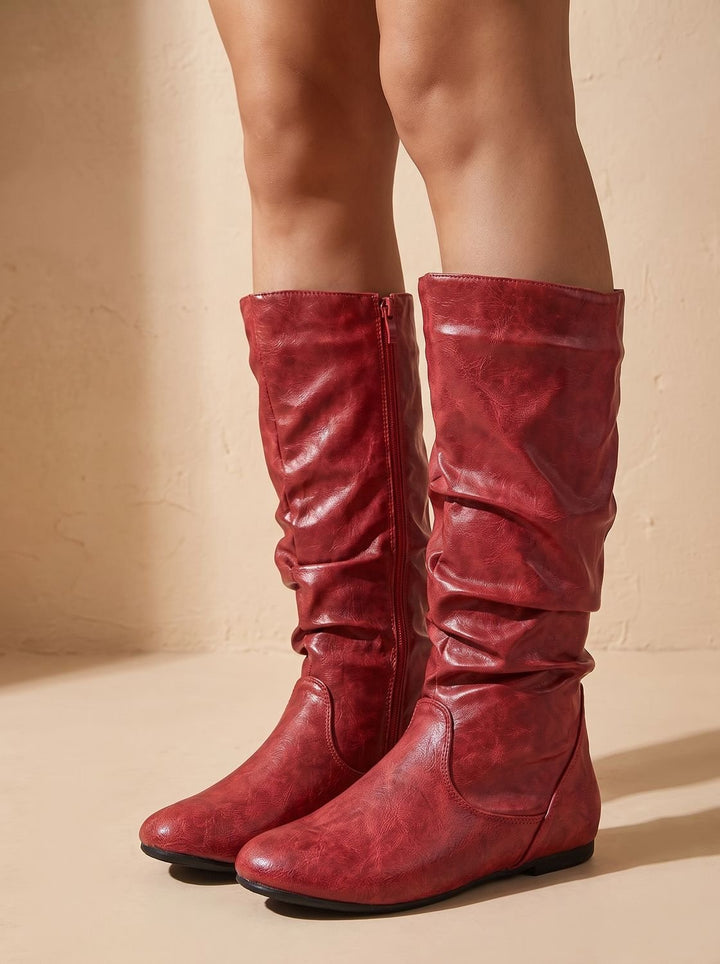 Women's Slouchy Flat Knee High Boots Round Toe Side Zip - Red