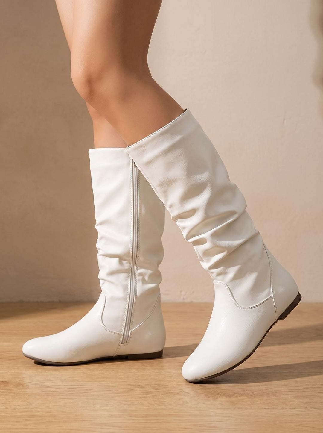 Women's Slouchy Flat Knee High Boots Round Toe Side Zip