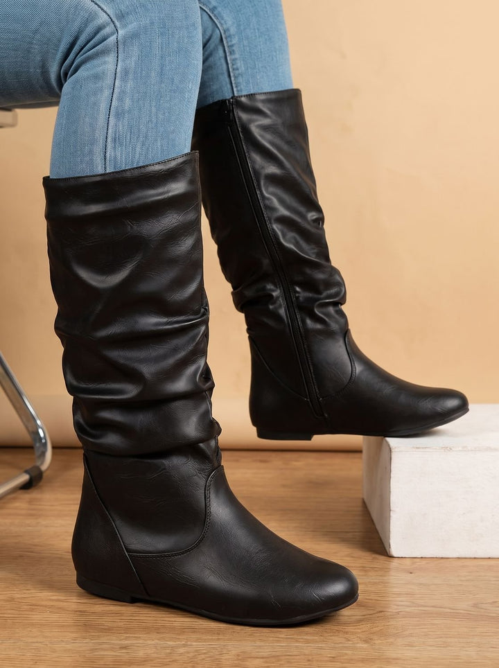 Women's Slouchy Flat Knee High Boots Round Toe Side Zip