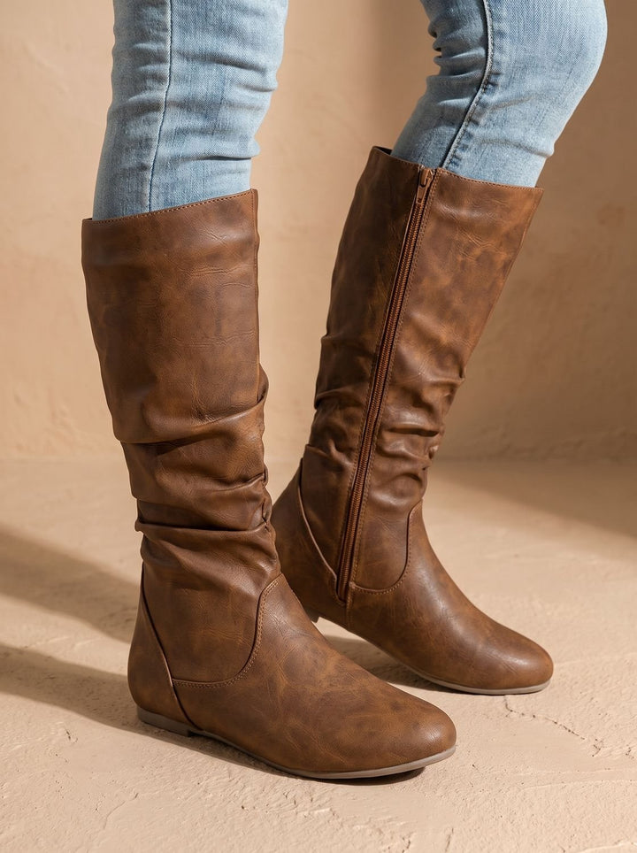 Women's Slouchy Flat Knee High Boots Round Toe Side Zip - Light Brown