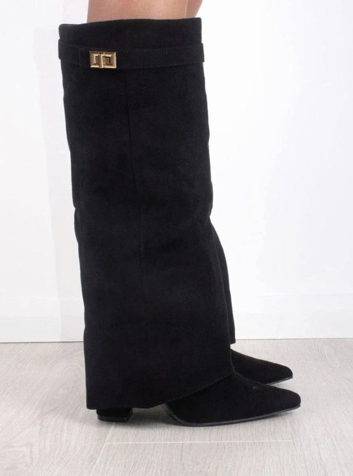 Women's Slouchy Foldover High Heel Boots Gold-Buckle Knee-High