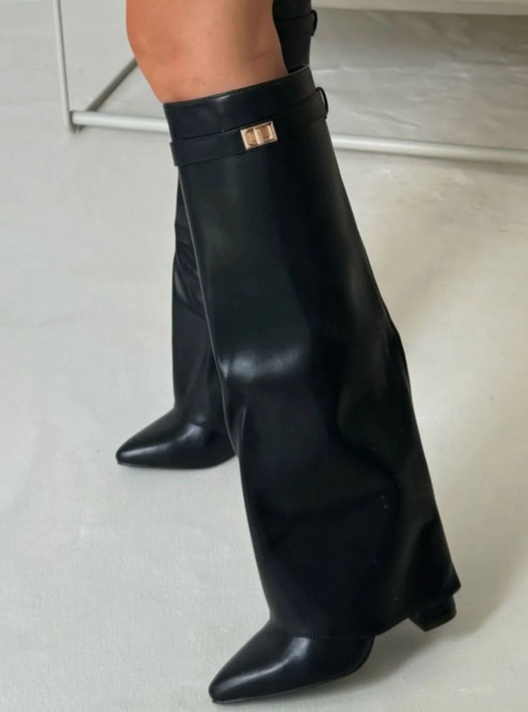 Women's Slouchy Foldover High Heel Boots Gold-Buckle Knee-High