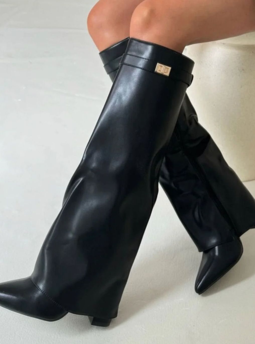 Women's Slouchy Foldover High Heel Boots Gold-Buckle Knee-High - Black Leather