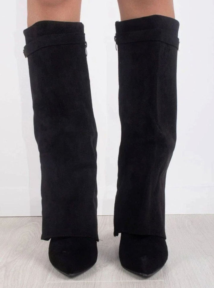 Women's Slouchy Foldover High Heel Boots Gold-Buckle Knee-High