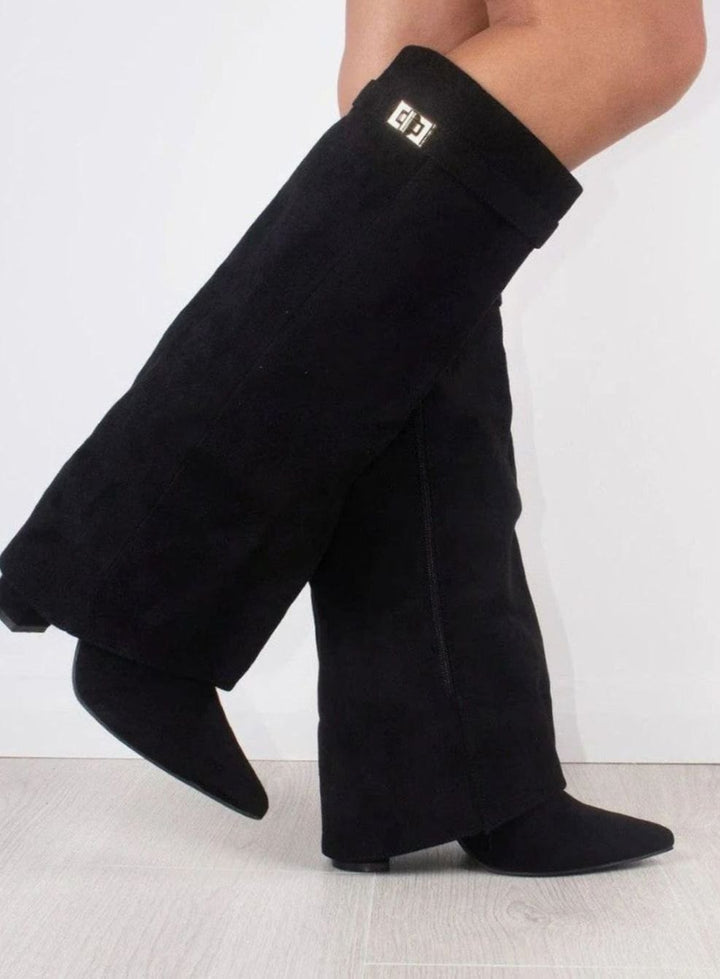 Women's Slouchy Foldover High Heel Boots Gold-Buckle Knee-High - Black Suede
