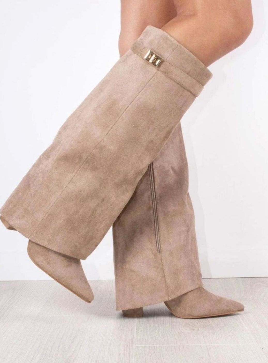 Women's Slouchy Foldover High Heel Boots Gold-Buckle Knee-High - Beige Suede