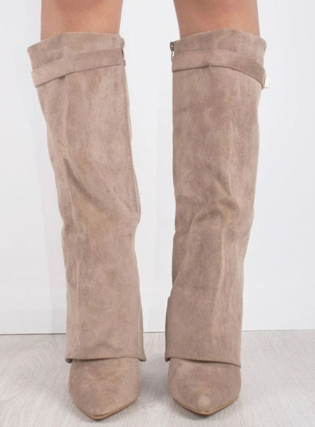 Women's Slouchy Foldover High Heel Boots Gold-Buckle Knee-High
