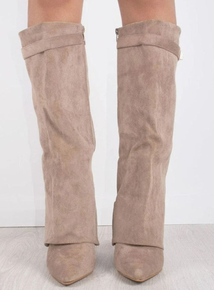 Women's Slouchy Foldover High Heel Boots Gold-Buckle Knee-High