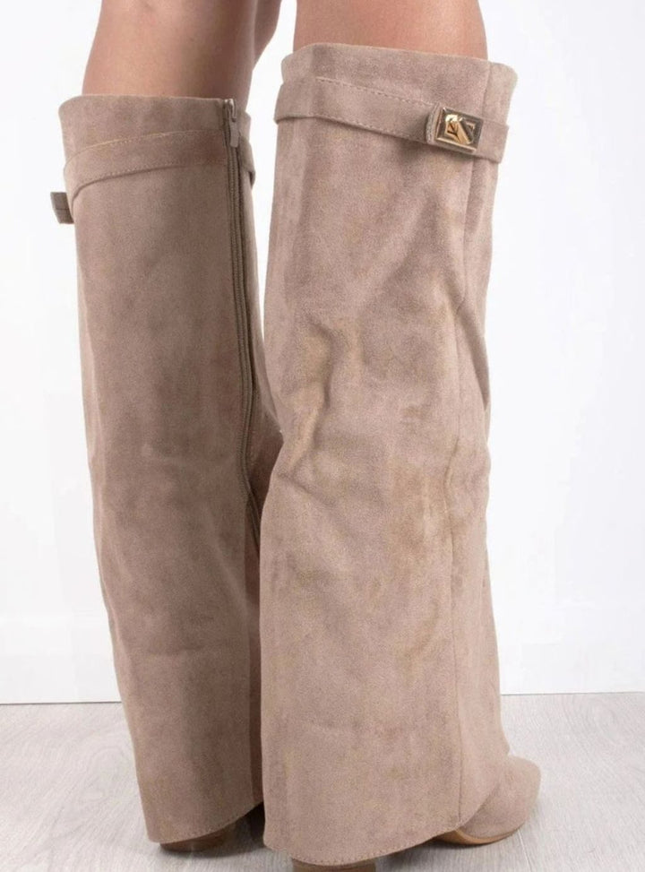 Women's Slouchy Foldover High Heel Boots Gold-Buckle Knee-High