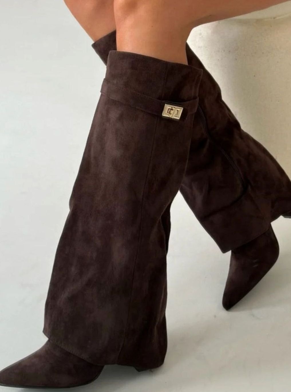 Women's Slouchy Foldover High Heel Boots Gold-Buckle Knee-High