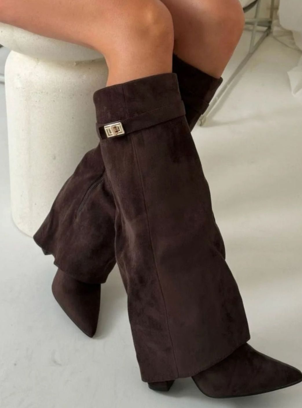 Women's Slouchy Foldover High Heel Boots Gold-Buckle Knee-High - Brown Suede