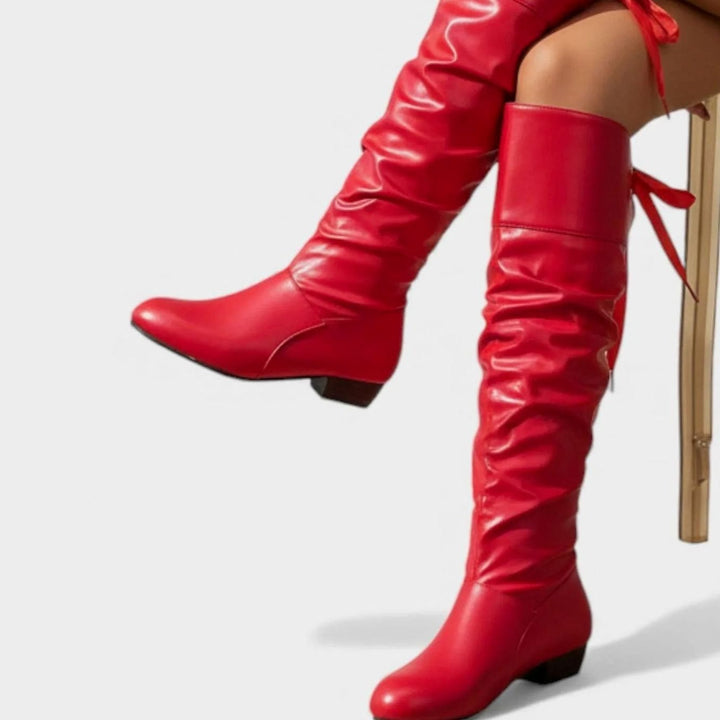 Women's Slouchy Mid-Calf Boots Low Block Heel Bow-Tie Detail - Red