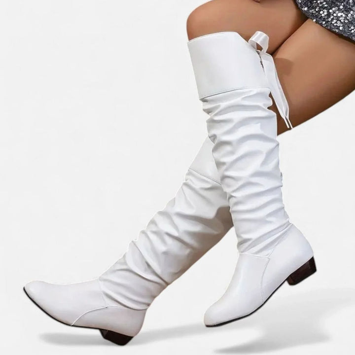 Women's Slouchy Mid-Calf Boots Low Block Heel Bow-Tie Detail - White