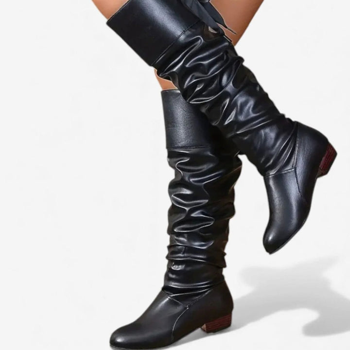 Women's Slouchy Mid-Calf Boots Low Block Heel Bow-Tie Detail - Black