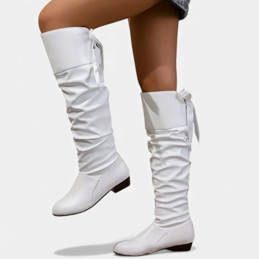 Women's Slouchy Mid-Calf Boots Low Block Heel Bow-Tie Detail