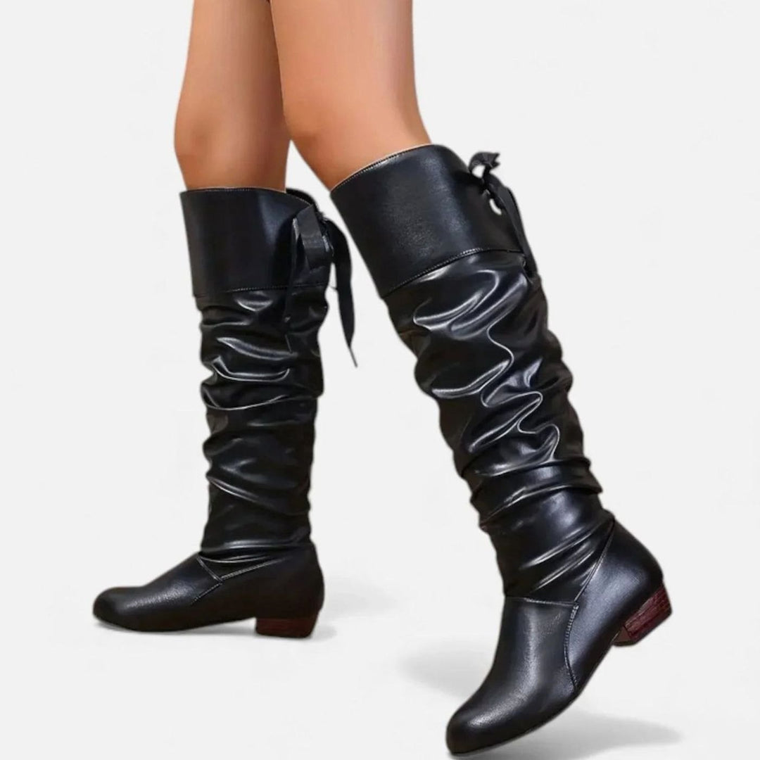 Women's Slouchy Mid-Calf Boots Low Block Heel Bow-Tie Detail