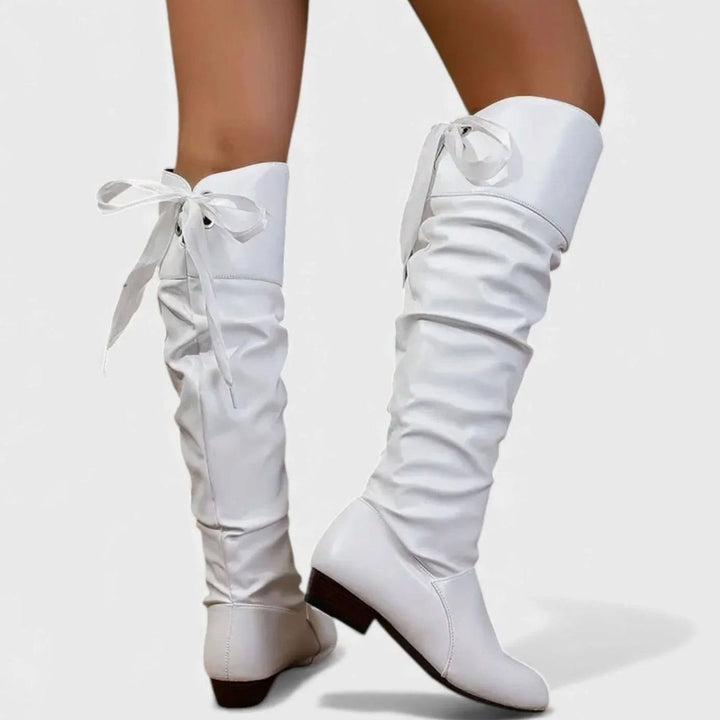 Women's Slouchy Mid-Calf Boots Low Block Heel Bow-Tie Detail