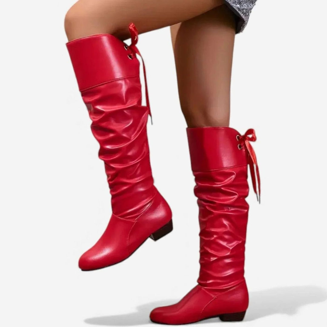 Women's Slouchy Mid-Calf Boots Low Block Heel Bow-Tie Detail