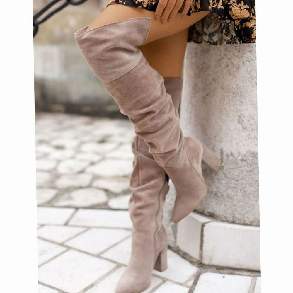 Women's Slouchy Over-the-Knee Block Heel Boots Pointed Toe - Beige