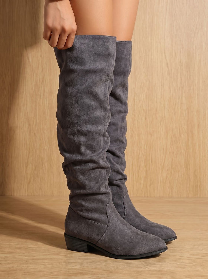 Women's Slouchy Over-the-Knee High Boots Pointed Toe Low Stacked Heel