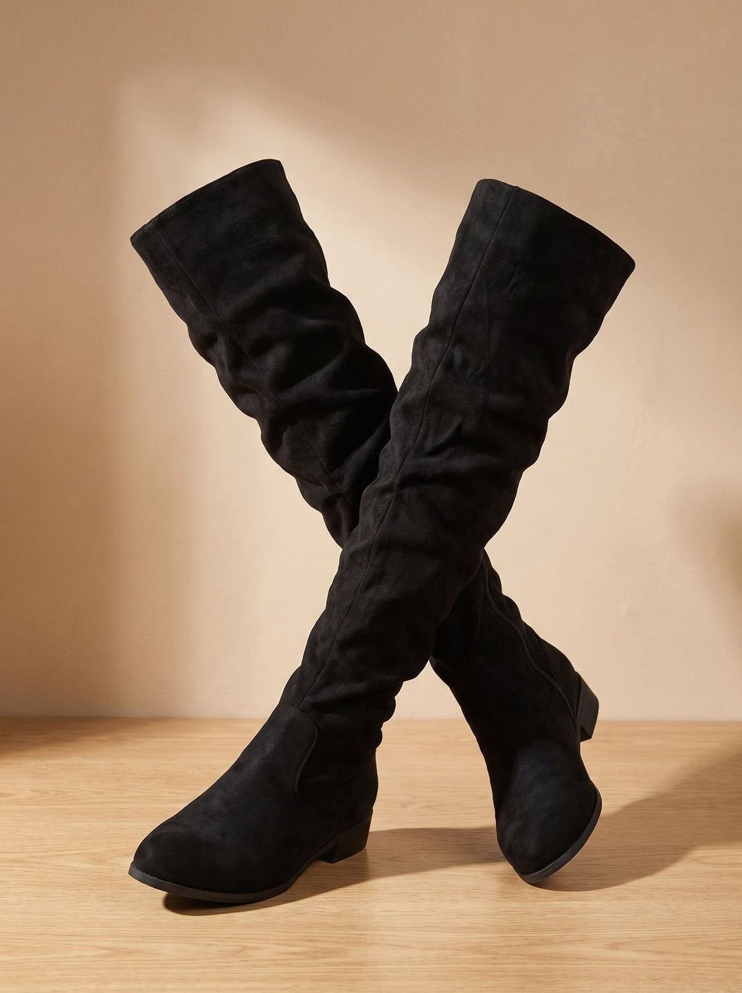 Women's Slouchy Over-the-Knee High Boots Pointed Toe Low Stacked Heel - Black