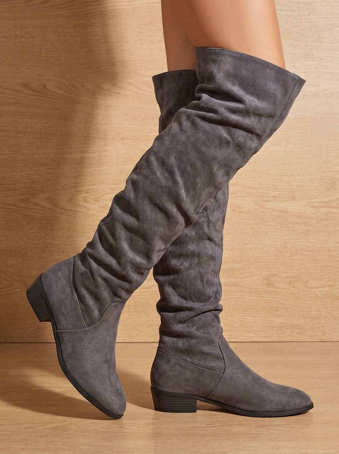 Women's Slouchy Over-the-Knee High Boots Pointed Toe Low Stacked Heel - Gray