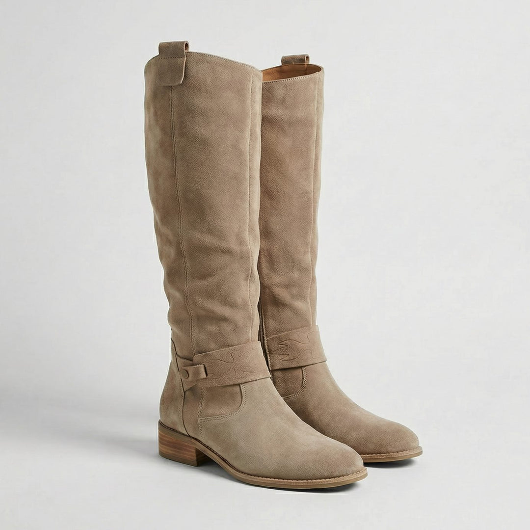 Women's Slouchy Suede-Look Knee High Boots Low Heel - Beige