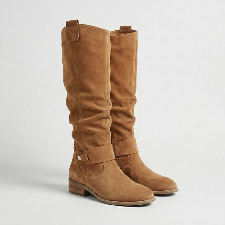 Women's Slouchy Suede-Look Knee High Boots Low Heel - Light Brown