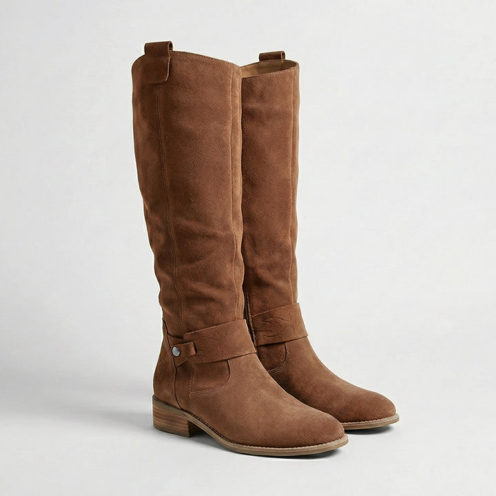 Women's Slouchy Suede-Look Knee High Boots Low Heel - Brown