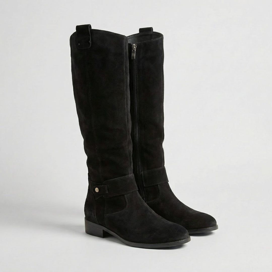 Women's Slouchy Suede-Look Knee High Boots Low Heel - Black