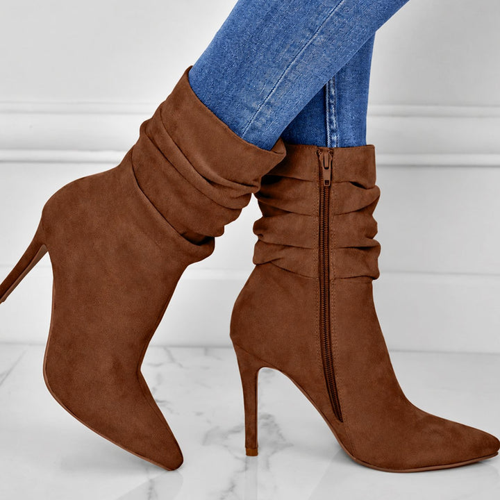 Women's Slouchy Suede Stiletto Pointed-Toe Ankle Boots - Brown