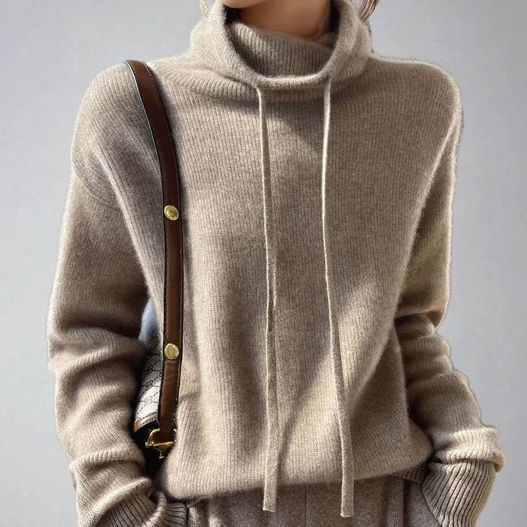 Women's Slouchy Turtleneck Drawstring Pullover Sweater - Khaki