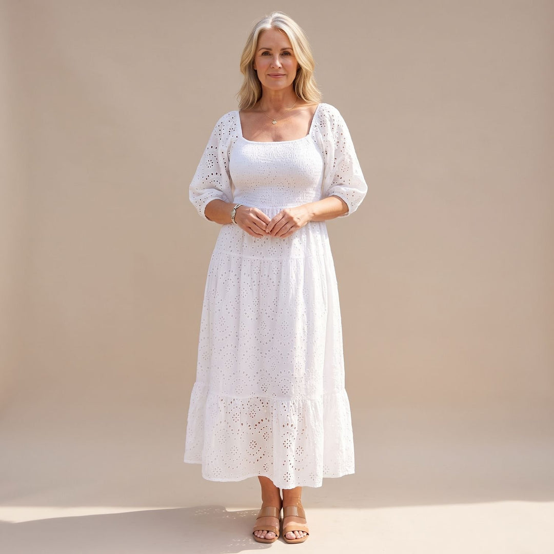 Women's Smocked Eyelet Puff-Sleeve Square-Neck Maxi Dress - White