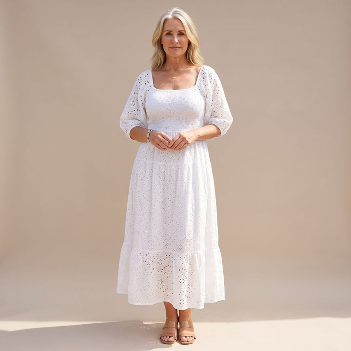 Women's Smocked Eyelet Puff-Sleeve Square-Neck Maxi Dress - White