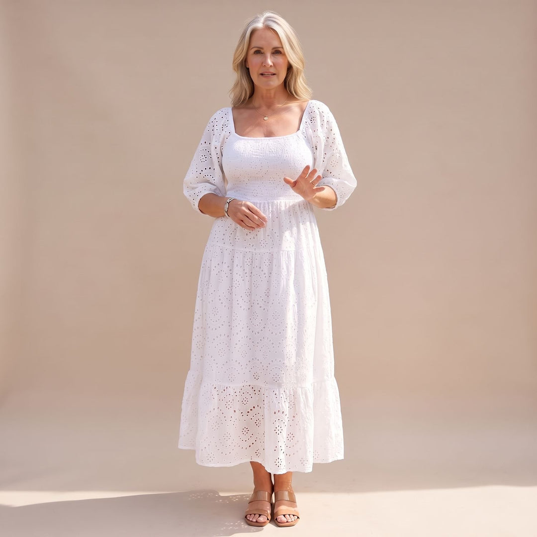 Women's Smocked Eyelet Puff-Sleeve Square-Neck Maxi Dress