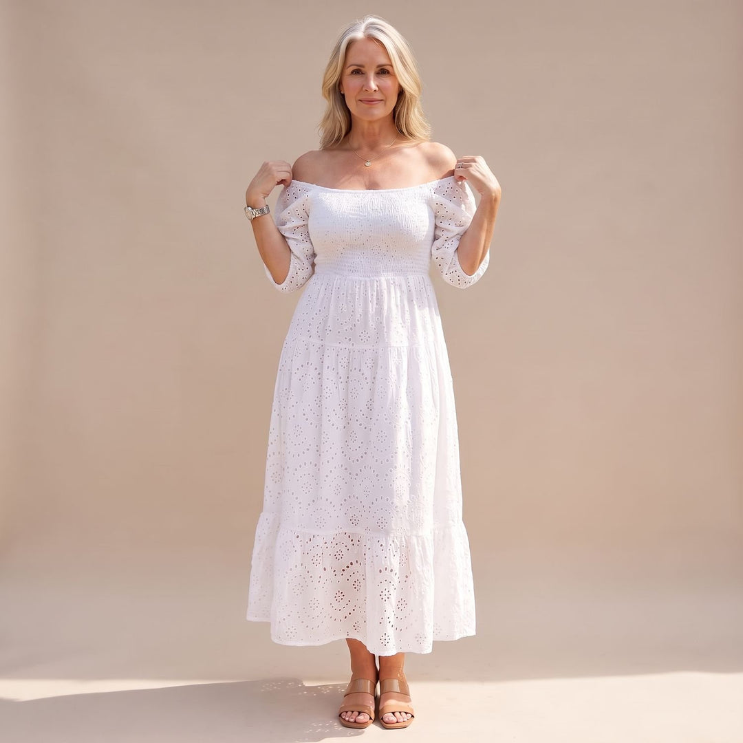 Women's Smocked Eyelet Puff-Sleeve Square-Neck Maxi Dress