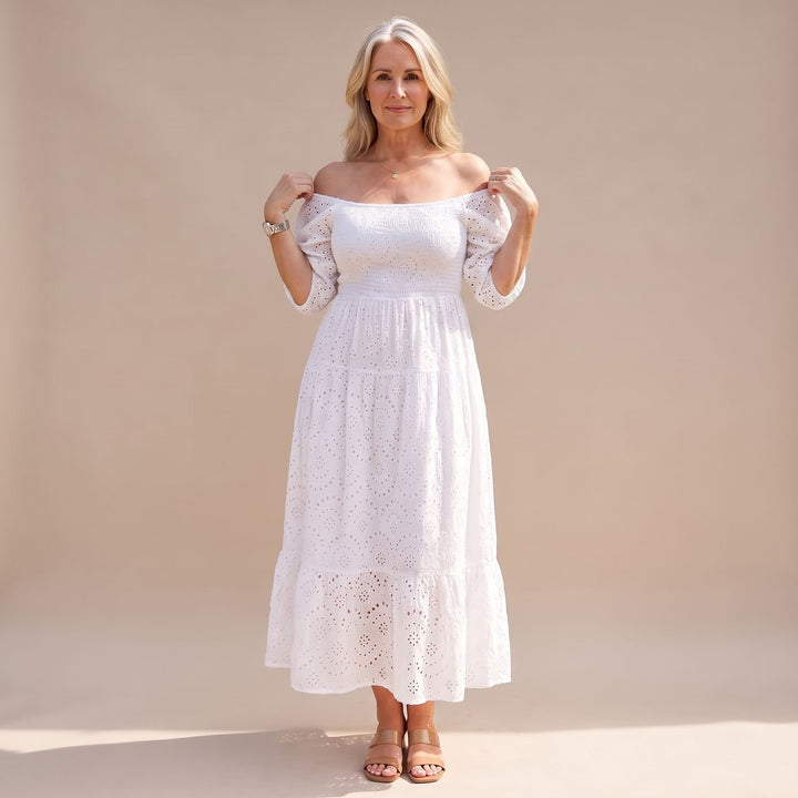 Women's Smocked Eyelet Puff-Sleeve Square-Neck Maxi Dress