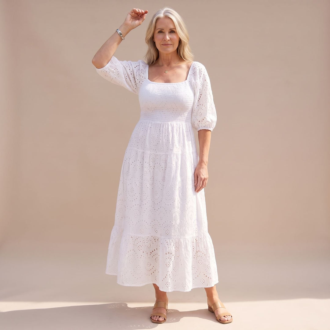 Women's Smocked Eyelet Puff-Sleeve Square-Neck Maxi Dress