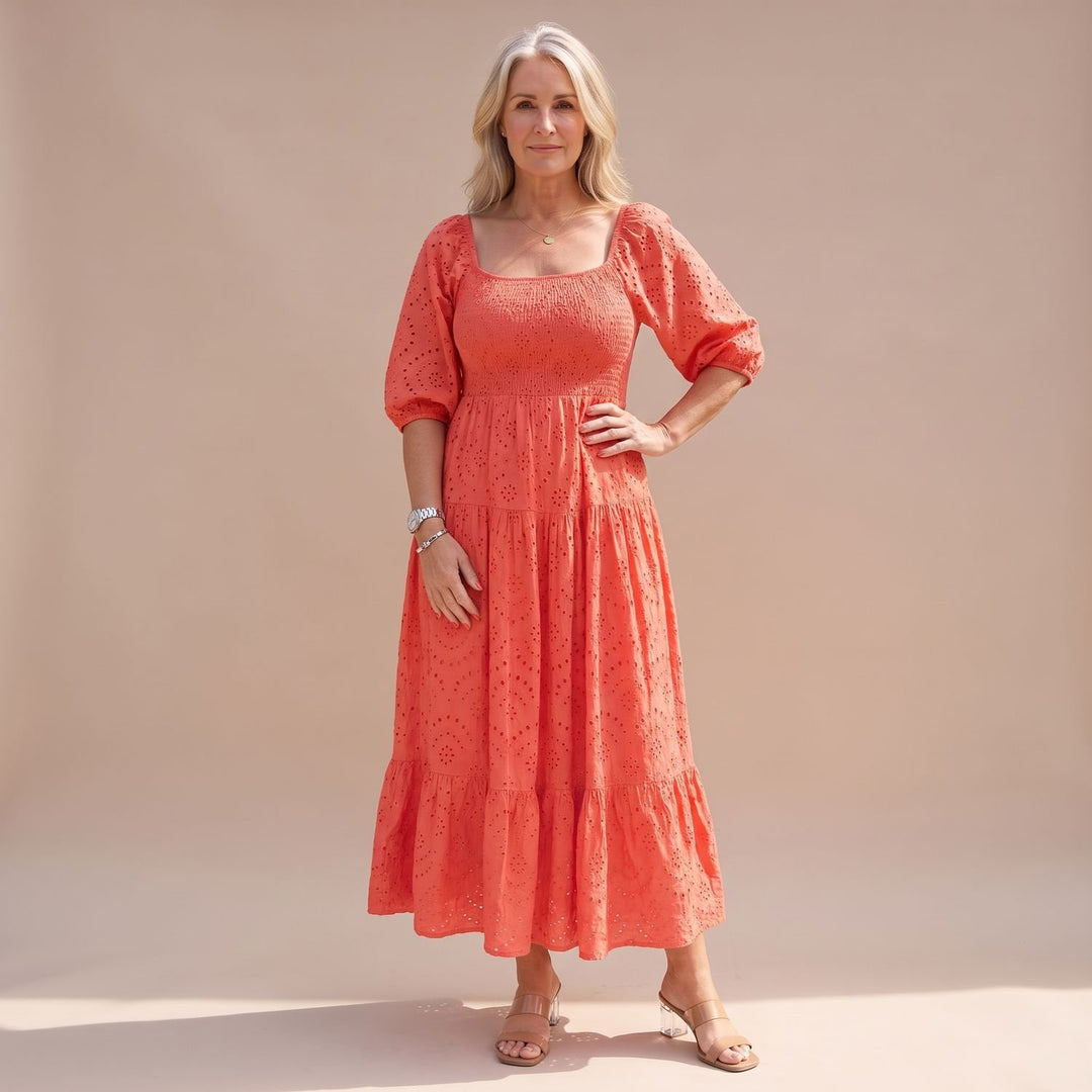 Women's Smocked Eyelet Puff-Sleeve Square-Neck Maxi Dress - Red