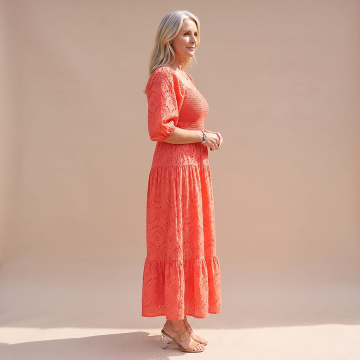 Women's Smocked Eyelet Puff-Sleeve Square-Neck Maxi Dress
