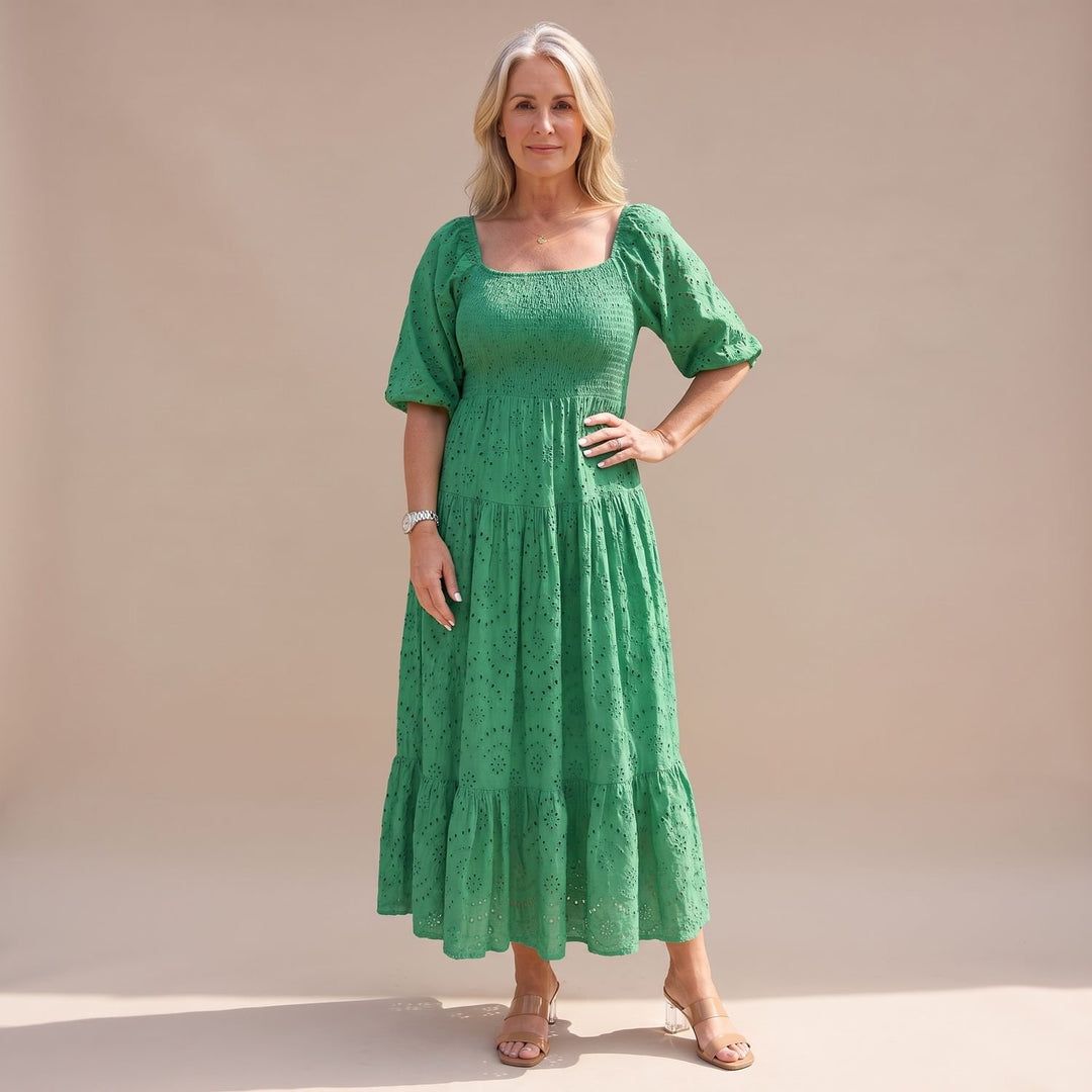 Women's Smocked Eyelet Puff-Sleeve Square-Neck Maxi Dress - Green