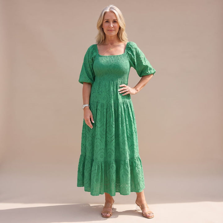 Women's Smocked Eyelet Puff-Sleeve Square-Neck Maxi Dress - Green