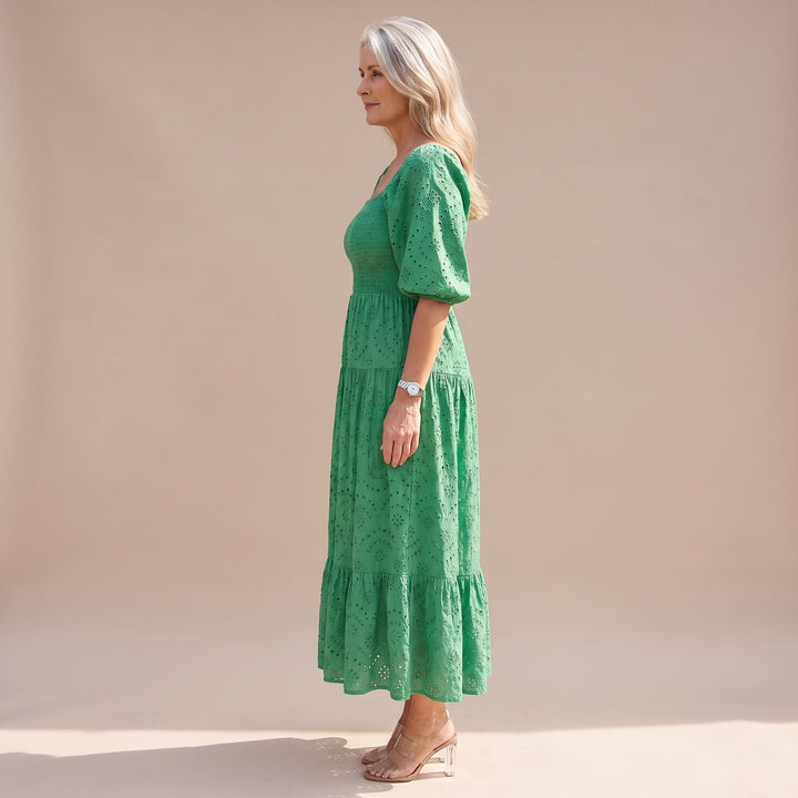 Women's Smocked Eyelet Puff-Sleeve Square-Neck Maxi Dress
