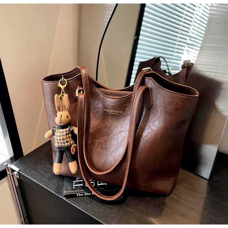 Women's Soft Vegan Leather Shoulder Tote Bag Plush Bunny Charm
