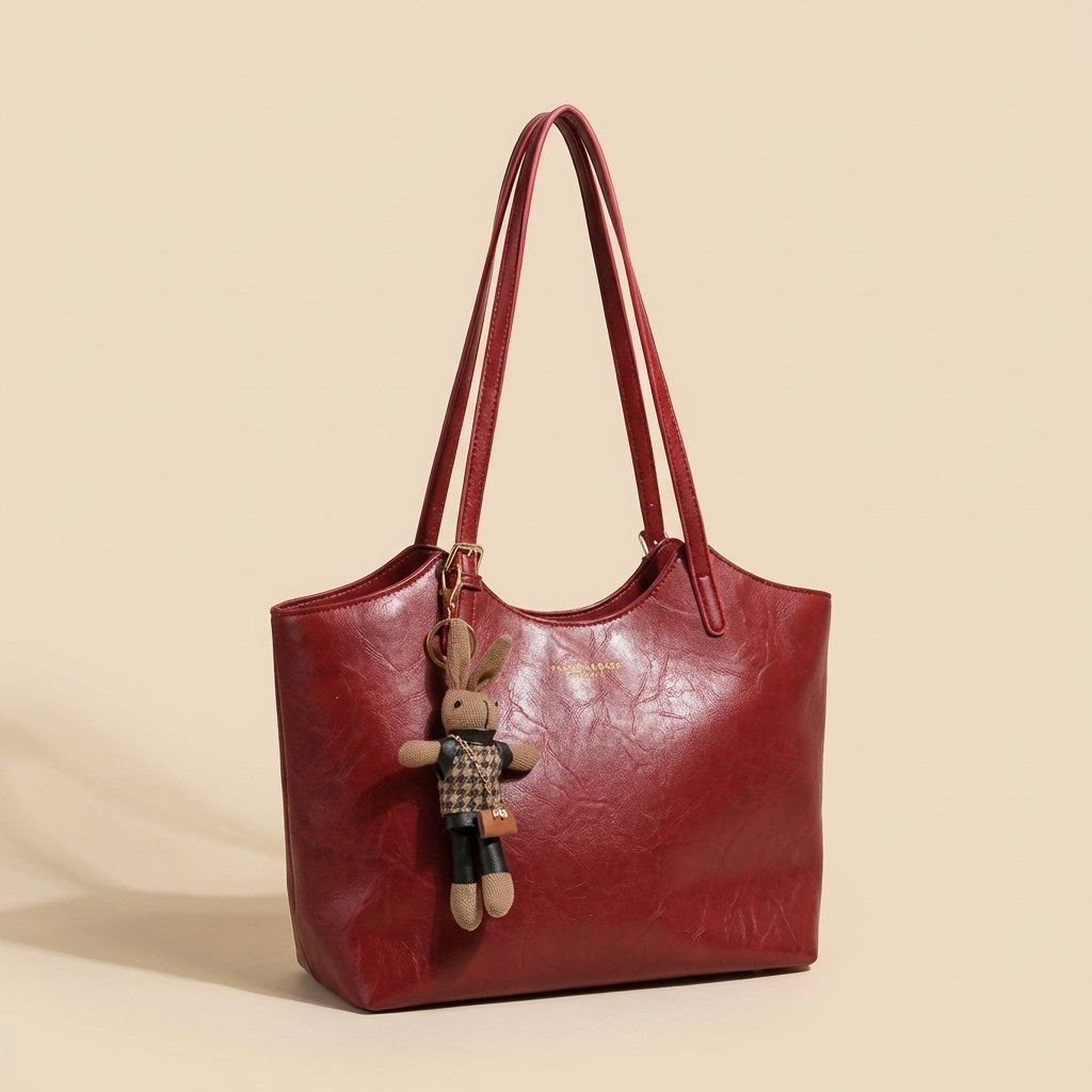 Women's Soft Vegan Leather Shoulder Tote Bag Plush Bunny Charm