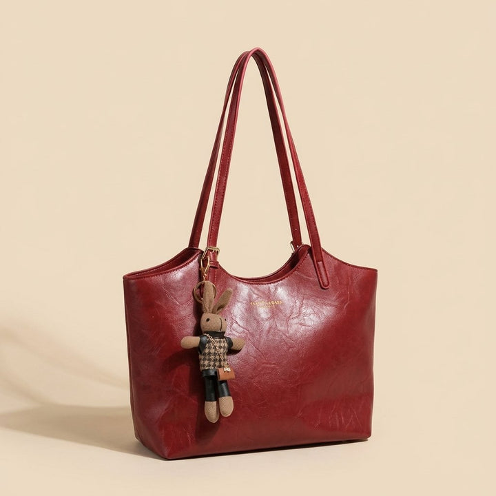 Women's Soft Vegan Leather Shoulder Tote Bag Plush Bunny Charm