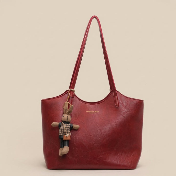 Women's Soft Vegan Leather Shoulder Tote Bag Plush Bunny Charm - Red