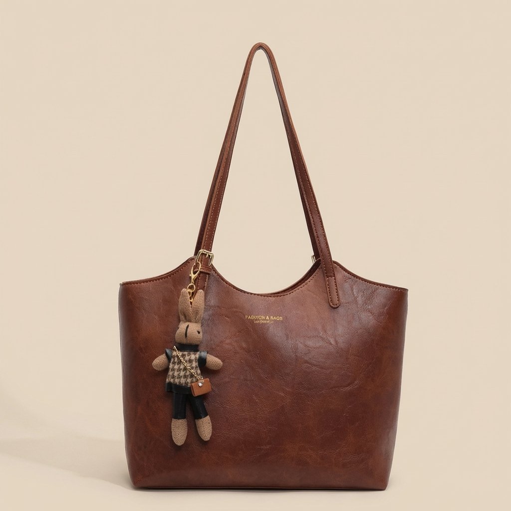 Women's Soft Vegan Leather Shoulder Tote Bag Plush Bunny Charm