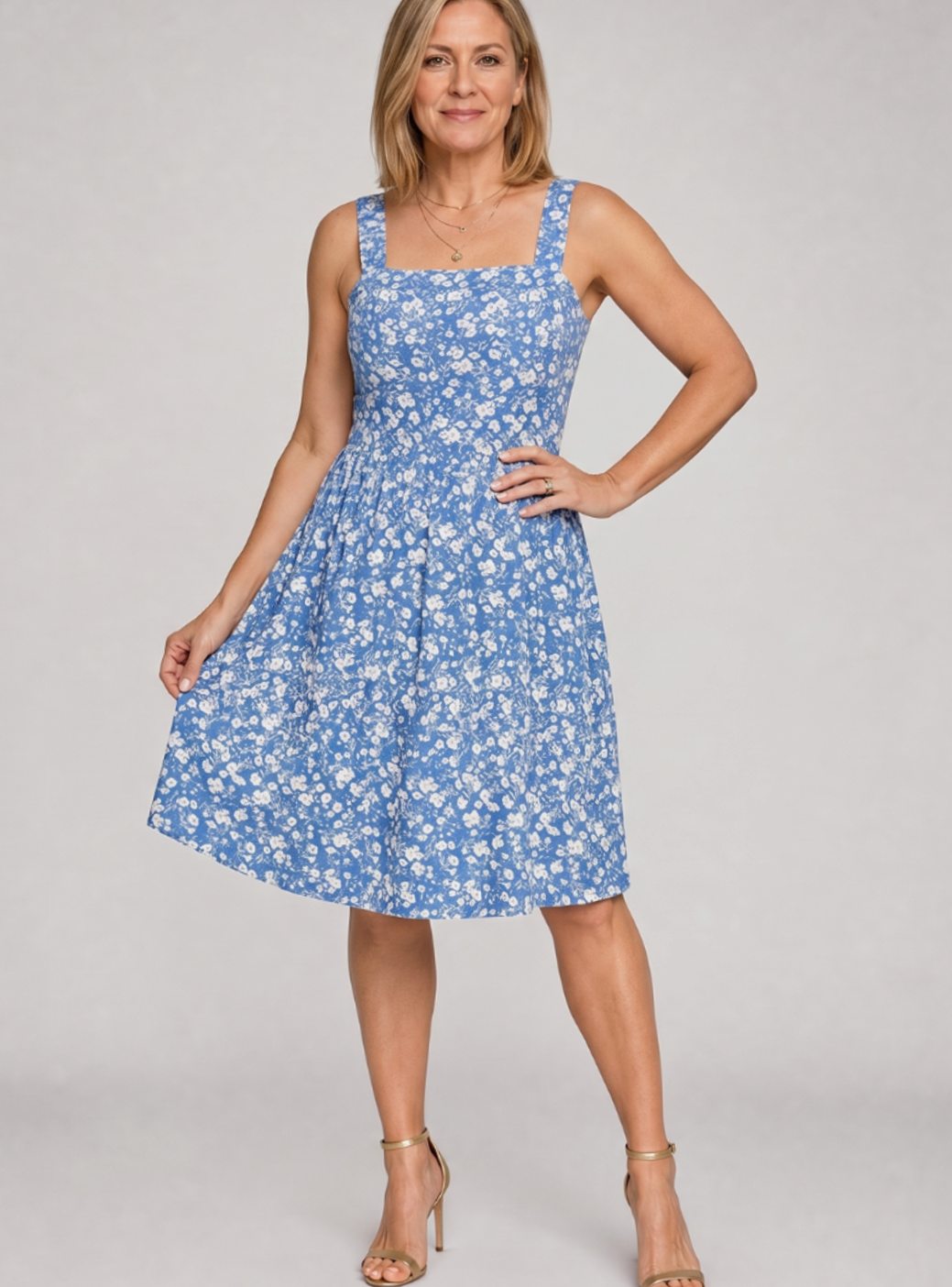Women's Square Neck Floral Print Sleeveless Knee-Length Dress - Sky Blue