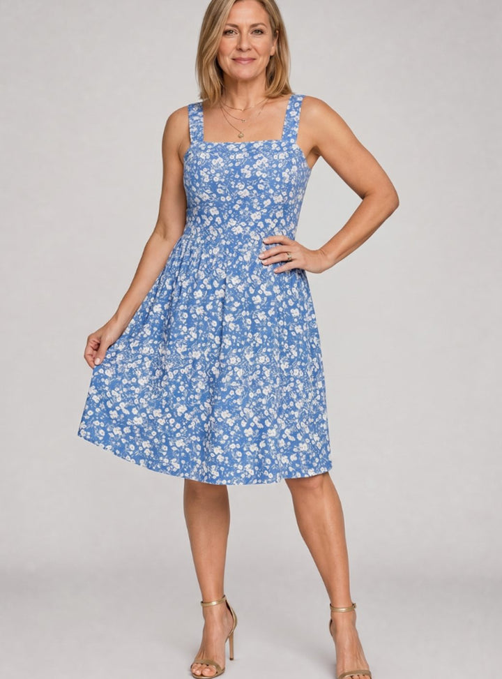 Women's Square Neck Floral Print Sleeveless Knee-Length Dress - Sky Blue